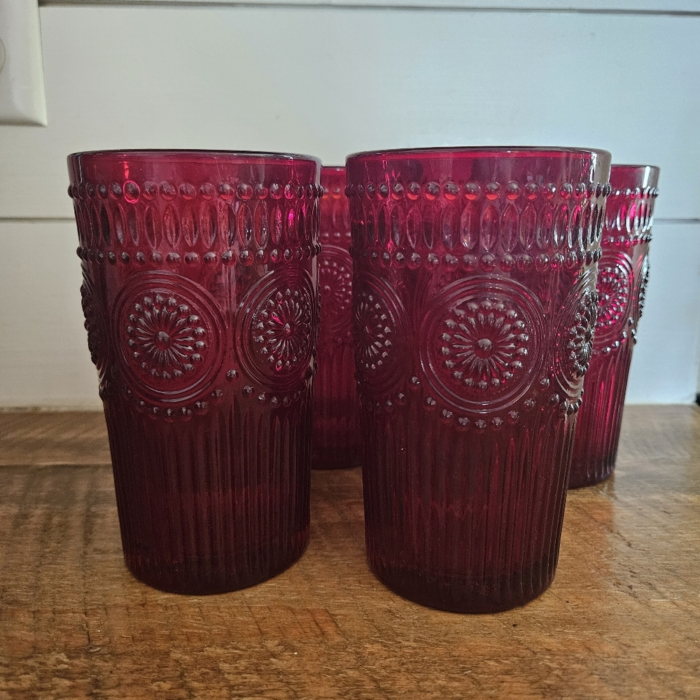 Red Ribbed Glass Vases with Intricate Patterns